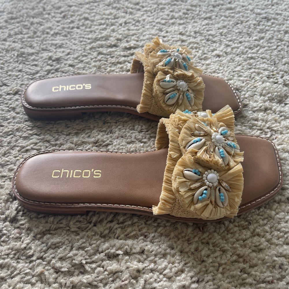 SOLD-Chico's Raffia and Seashell Slide Sandals Size 7.5 Gently Loved - Picture 3 of 5